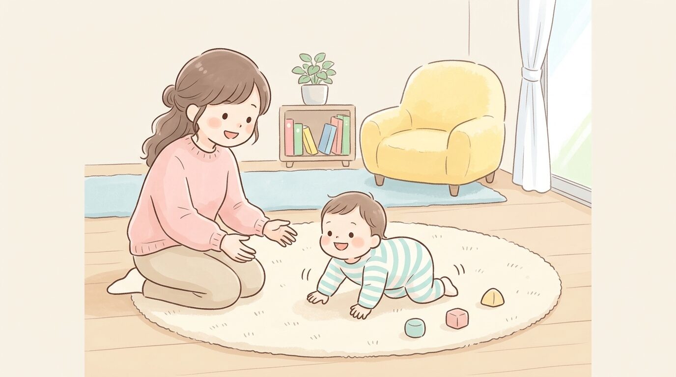 リビングでハイハイからよちよち歩きに挑戦する1歳の赤ちゃんと見守る母親