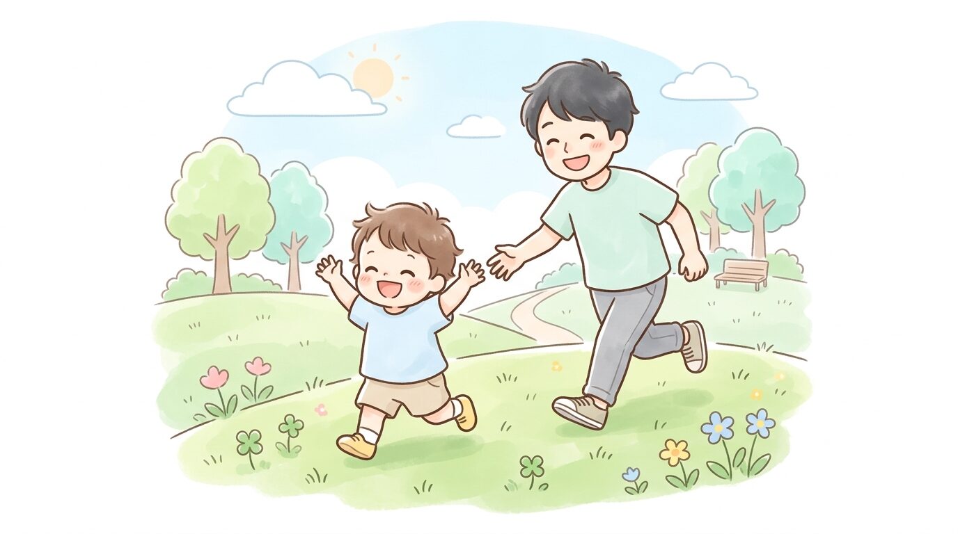 公園の芝生を笑顔で走る1歳児と後ろから追いかける父親