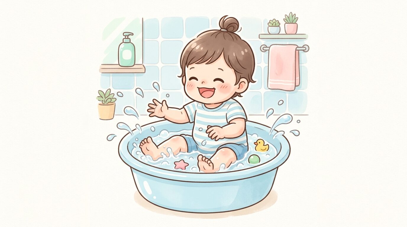 お風呂場でバシャバシャと水しぶきをあげて遊ぶ1歳児の楽しそうな笑顔