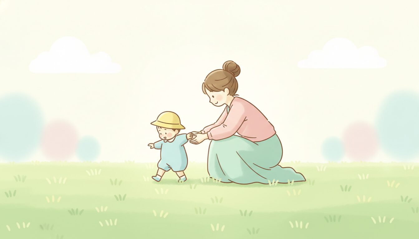 公園の芝生の上でよちよち歩く1歳の子どもを、しゃがんで見守る母親の後ろ姿、柔らかな午前の光