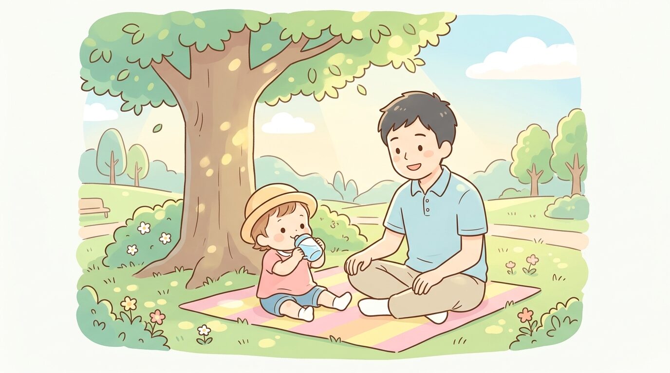 夏の公園で日陰の下、帽子をかぶり水分補給をする1歳児と見守る父親、木漏れ日が差す風景