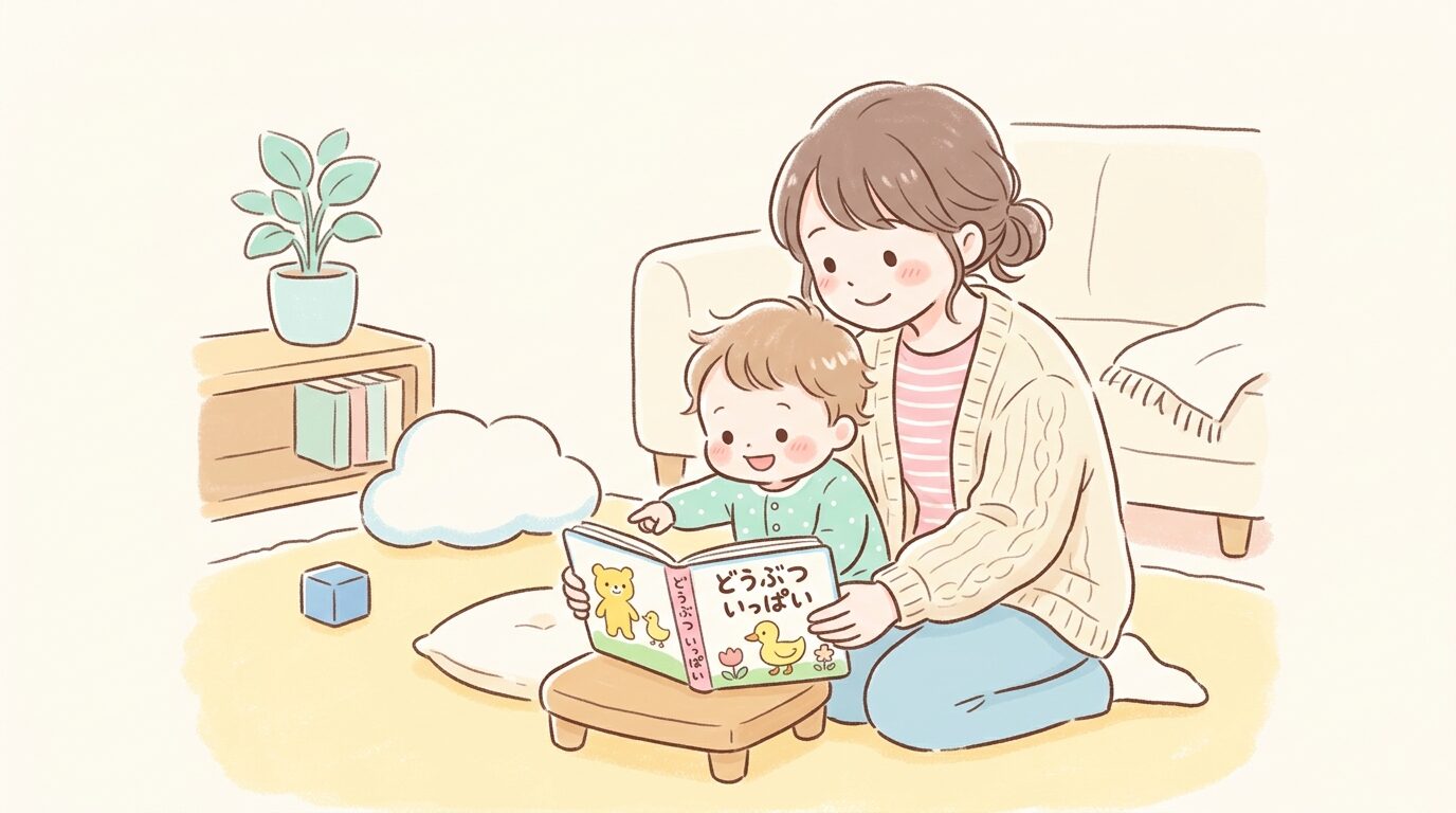 リビングで絵本を見ながら指差しをする1歳児と、優しく見守る母親の温かい様子