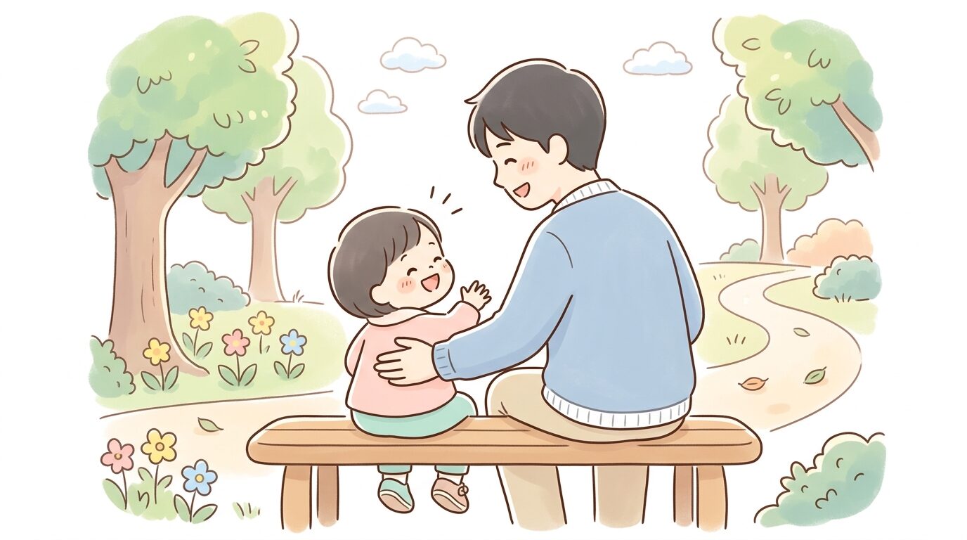 公園のベンチで子どもと目線を合わせて楽しそうに会話をする父親の後ろ姿