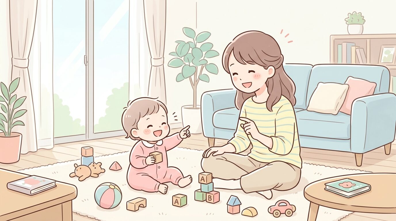 明るいリビングで積み木やおもちゃに囲まれ、笑顔で親子がやり取りをしている様子