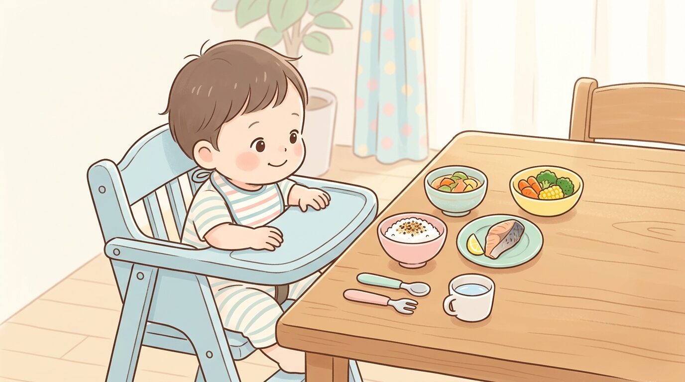 木製のテーブルに並んだご飯・魚料理・野菜の副菜をベビーチェアから見つめる1歳児の様子