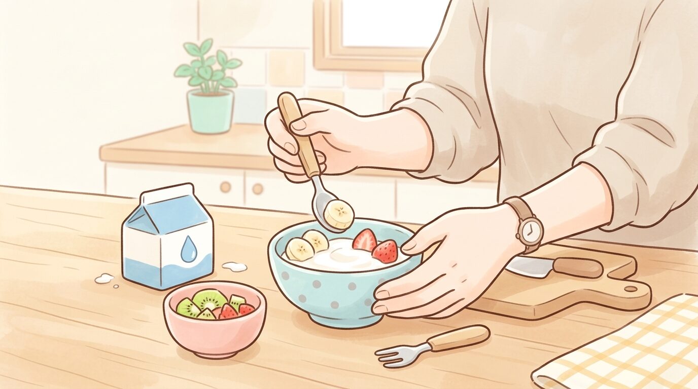 キッチンで牛乳とヨーグルト、カットした果物を用意する母親の手元アップ