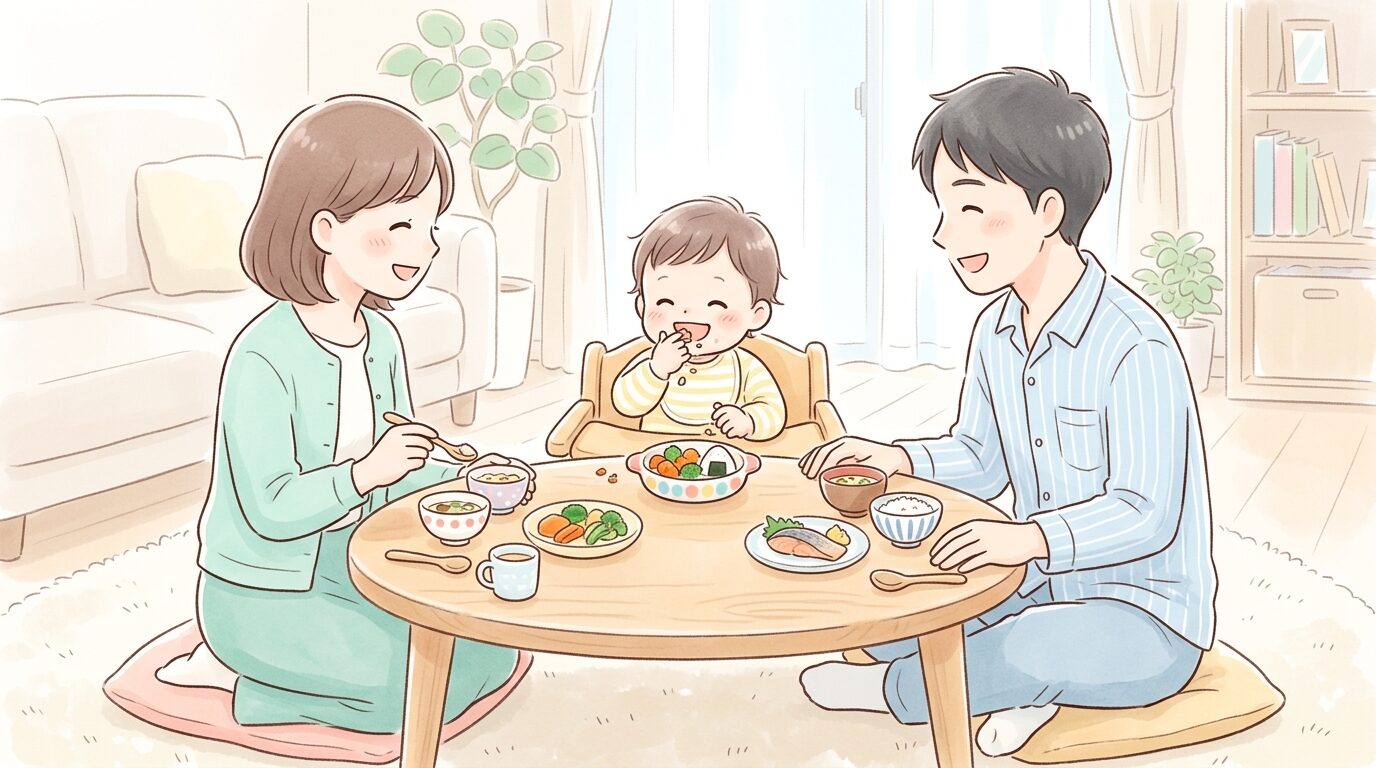 リビングのローテーブルで手づかみ食べを楽しむ1歳児と見守る家族の温かい食卓風景