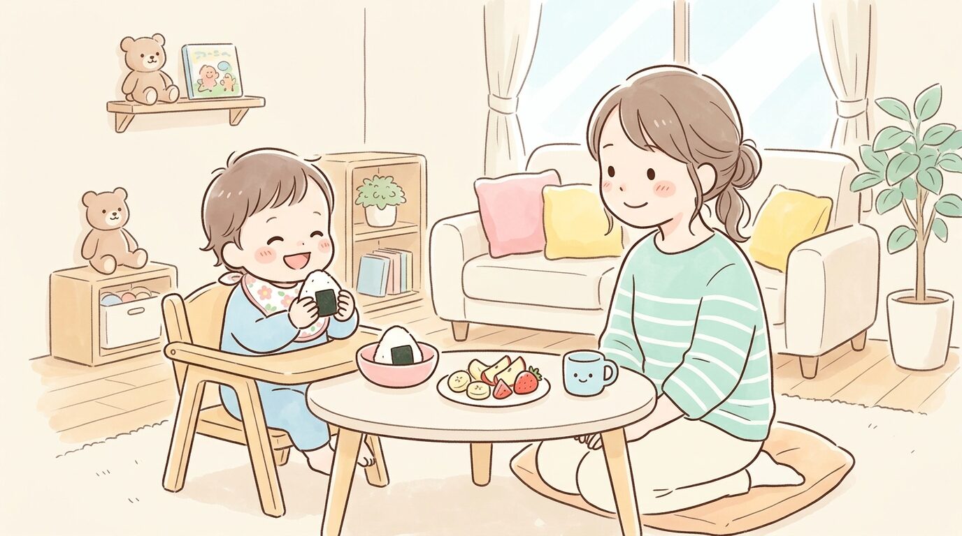リビングでおにぎりとフルーツのおやつを笑顔で食べる1歳児と見守る母親