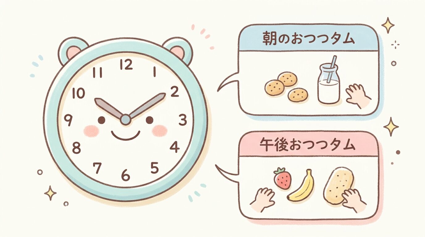 壁掛け時計と午前10時・午後3時を示すシンプルな時間割イラスト