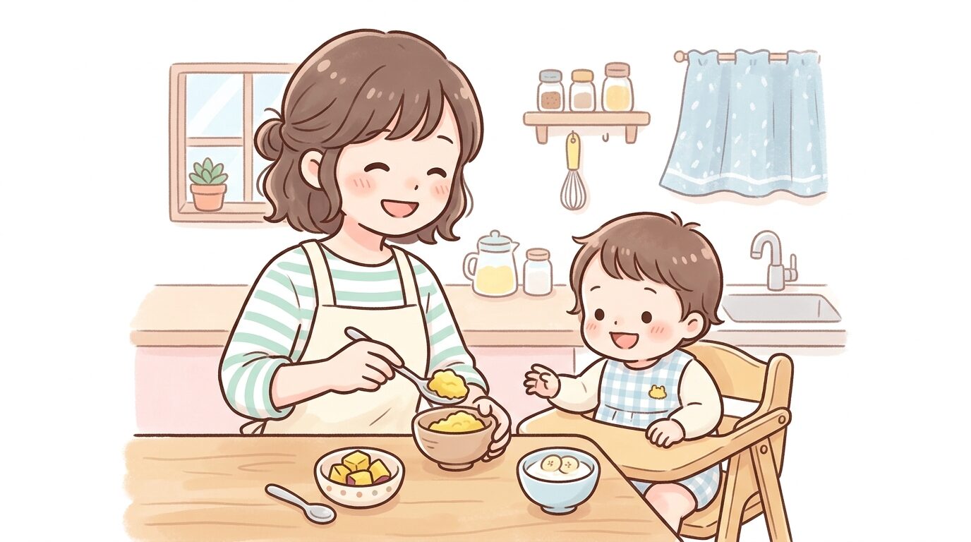 キッチンで手作りのふかし芋やヨーグルトを小皿に盛り付ける様子