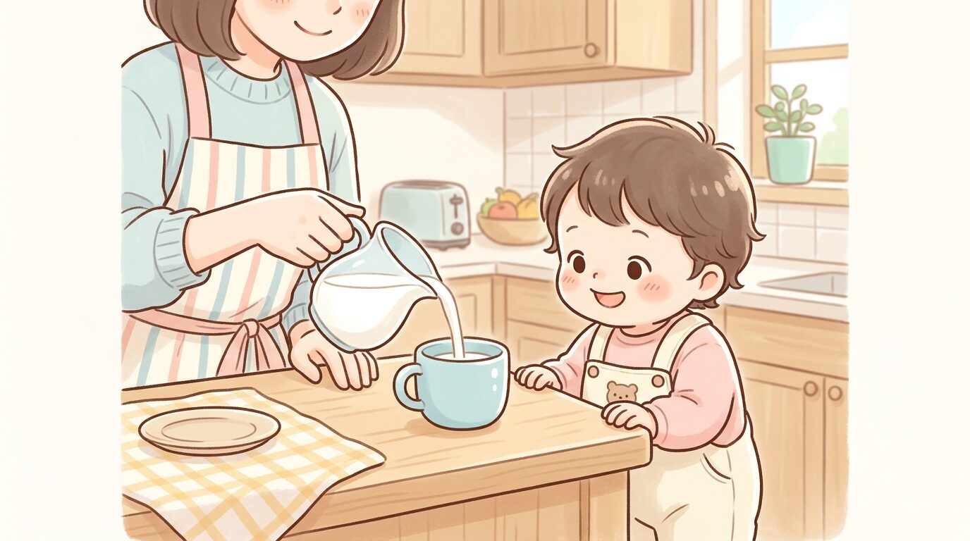 キッチンで小さなコップに牛乳を注ぐ親の手元と隣で待つ子ども