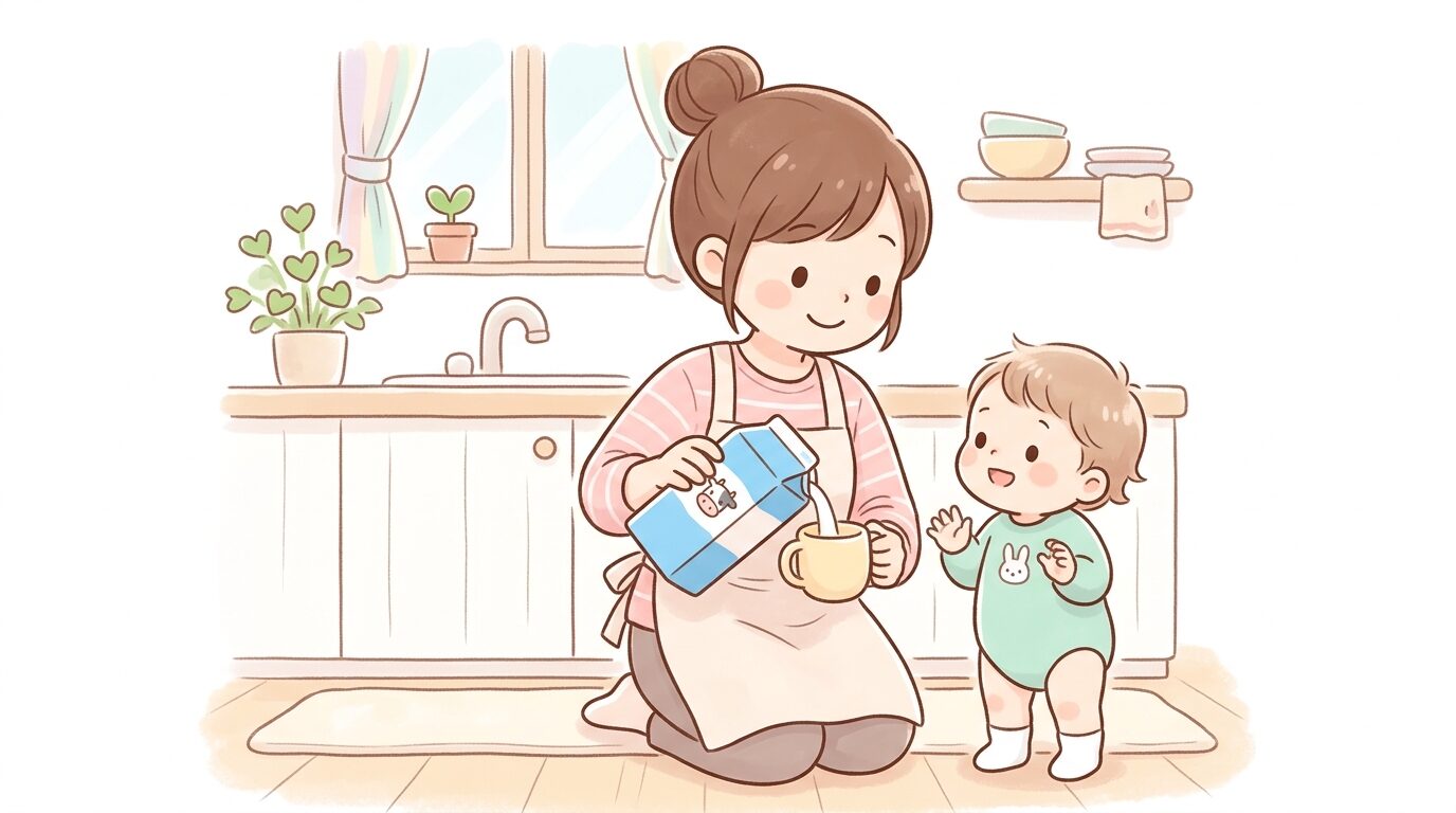 キッチンで牛乳パックを持ちながらコップに注ごうとする母親と、隣で興味深そうに見つめる1歳児