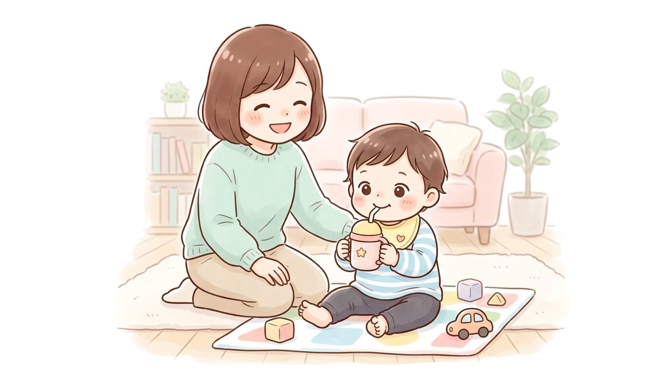 ストローマグで自分から牛乳を飲もうとする1歳の子どもと、笑顔で見守る親の様子