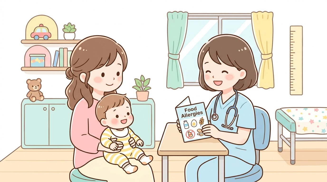 小児科の診察室で医師が母親と1歳児にアレルギーについて説明している様子