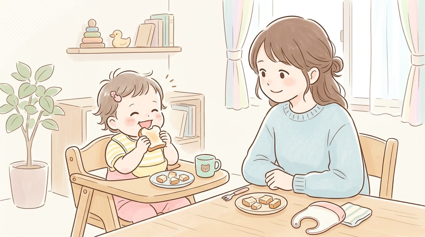 手づかみでトーストを食べる1歳児の笑顔と、見守る母親の温かい食卓シーン