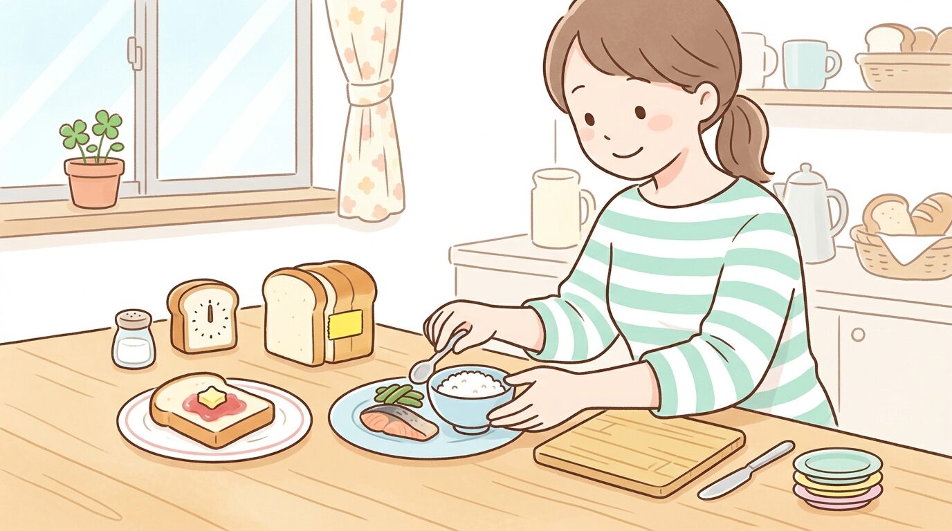 キッチンで食パンとご飯を並べて栄養バランスを考える親の手元、朝食の準備風景