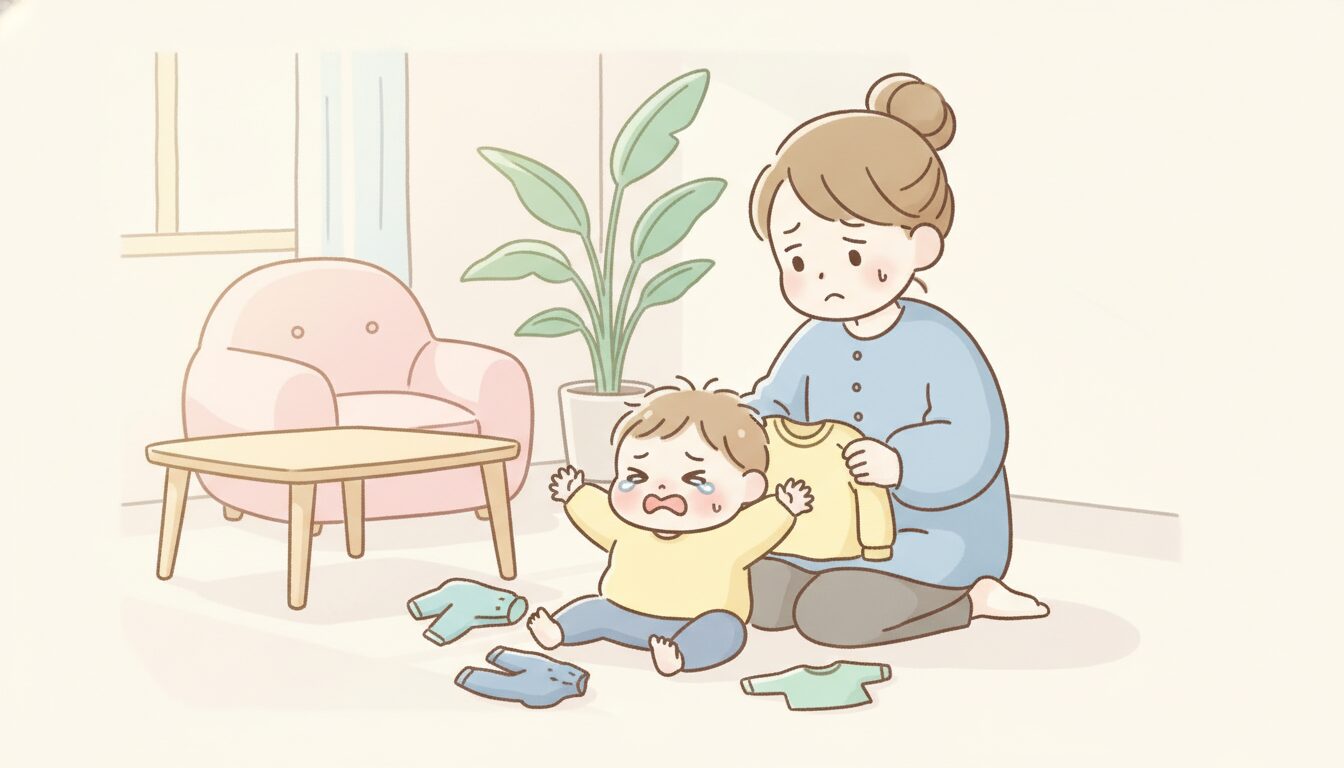 朝のリビングで着替えを嫌がる1歳児と困った表情の母親