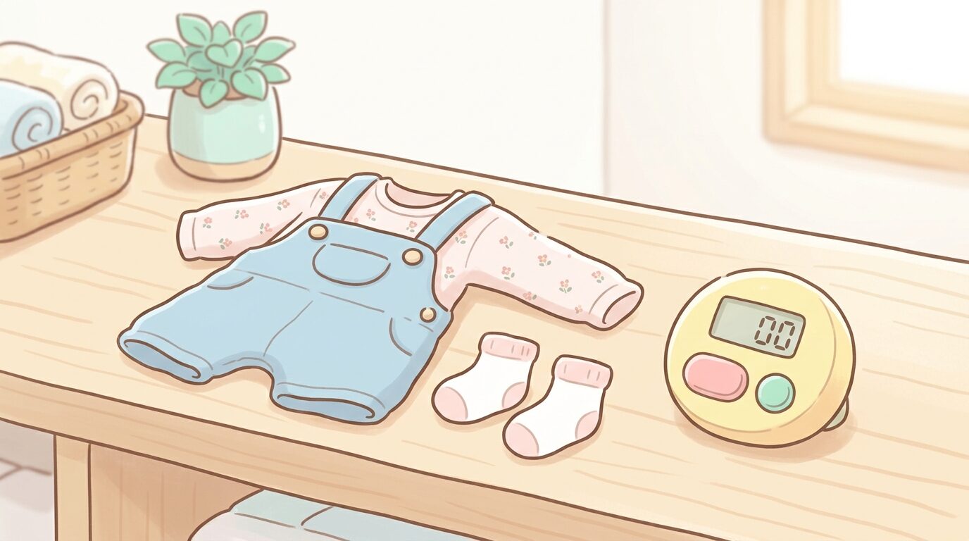 ベビーダンスの前に並べられたコーディネート済みの子ども服とタイマー
