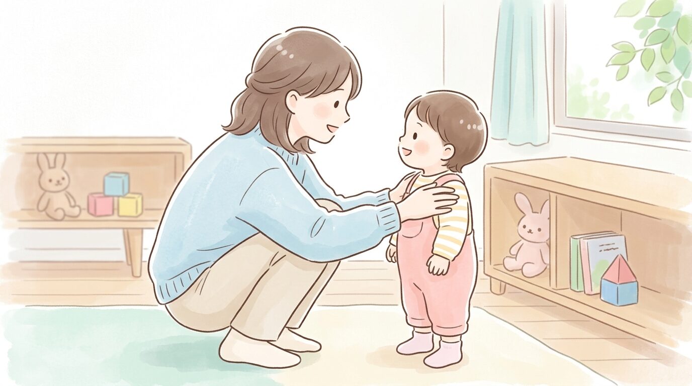 子どもと目線を合わせてしゃがみ、優しく声をかける保護者の様子