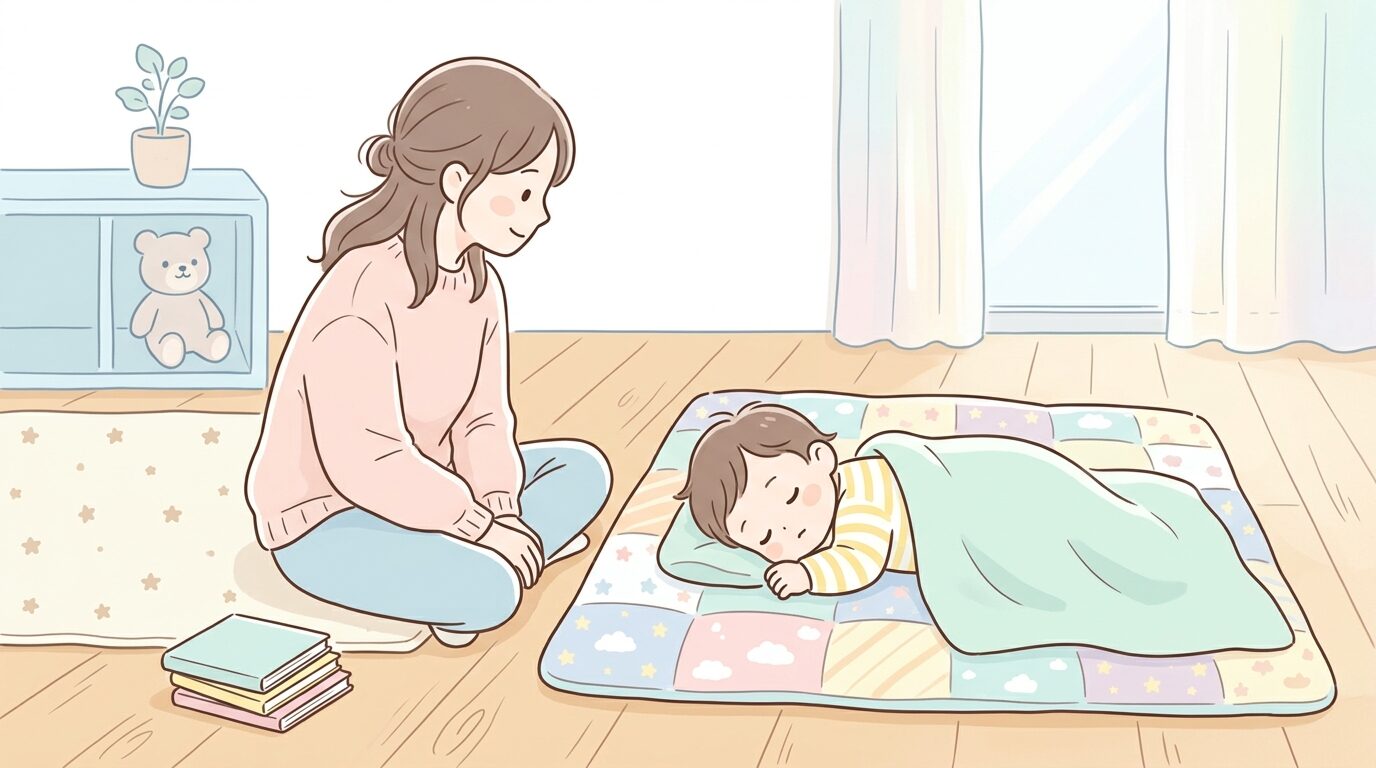 リビングの床でお昼寝マットに気持ちよさそうに眠る1歳児と、そばで見守る母親の横顔