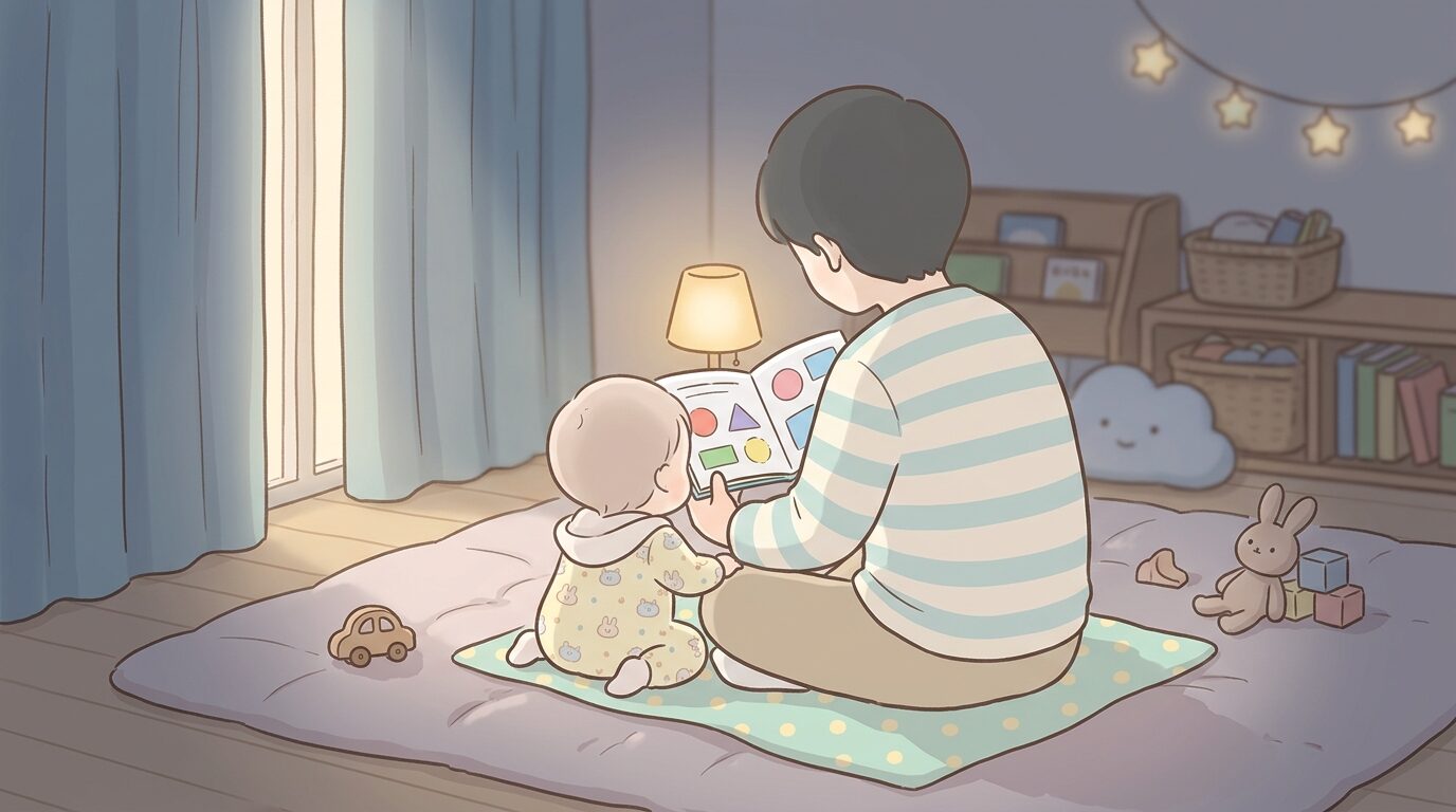 カーテンを閉めて薄暗くした子ども部屋で、絵本を読み聞かせる父親と1歳児の後ろ姿