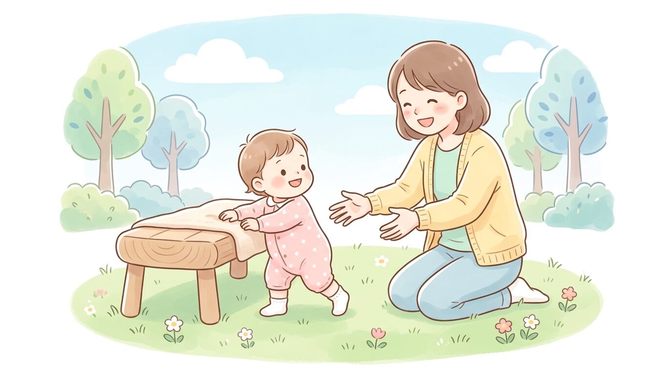 公園の芝生の上で伝い歩きの練習をする1歳児と、笑顔で手を差し伸べる母親