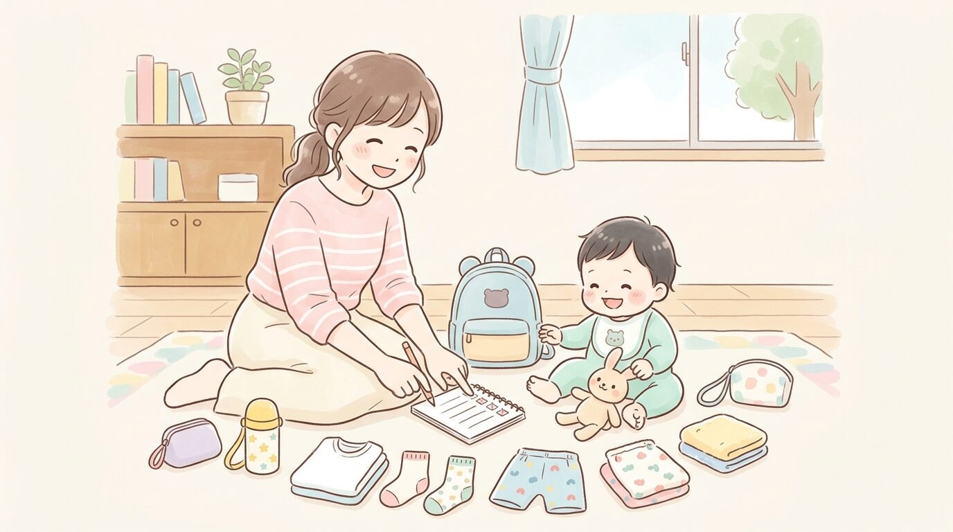 リビングで保育園の持ち物リストを見ながら準備をする母親と1歳児の楽しそうな様子
