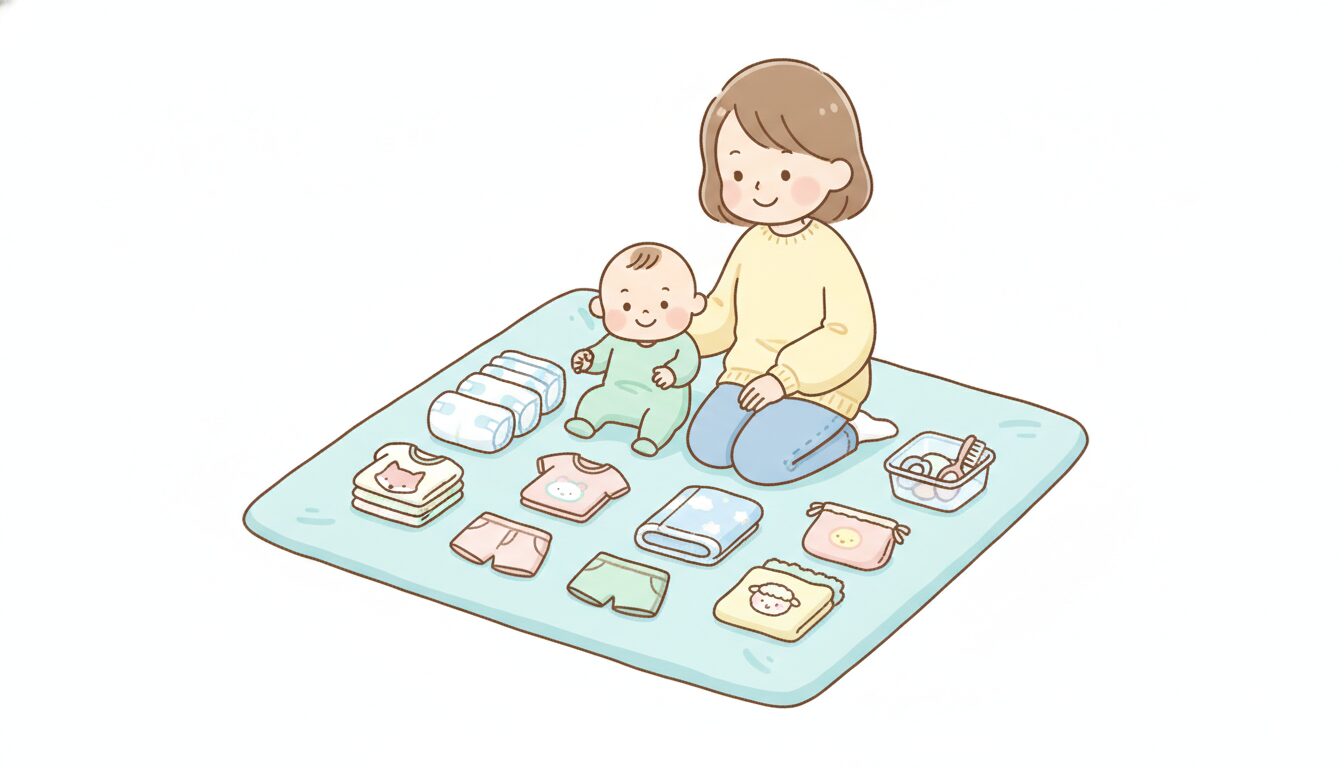 保育園に持っていく着替えやタオル、おむつなどのグッズを並べて整理する様子