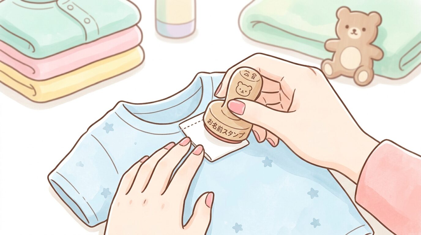 お名前スタンプを使って子供服のタグにポンと押している母親の手元アップ
