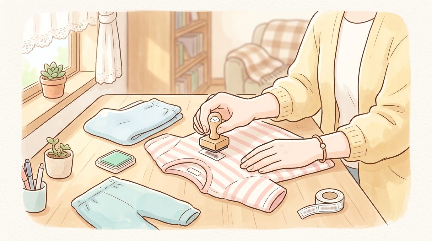 リビングのテーブルでお名前スタンプを子供服のタグに押す母親の手元、柔らかい自然光が差し込む温かい雰囲気