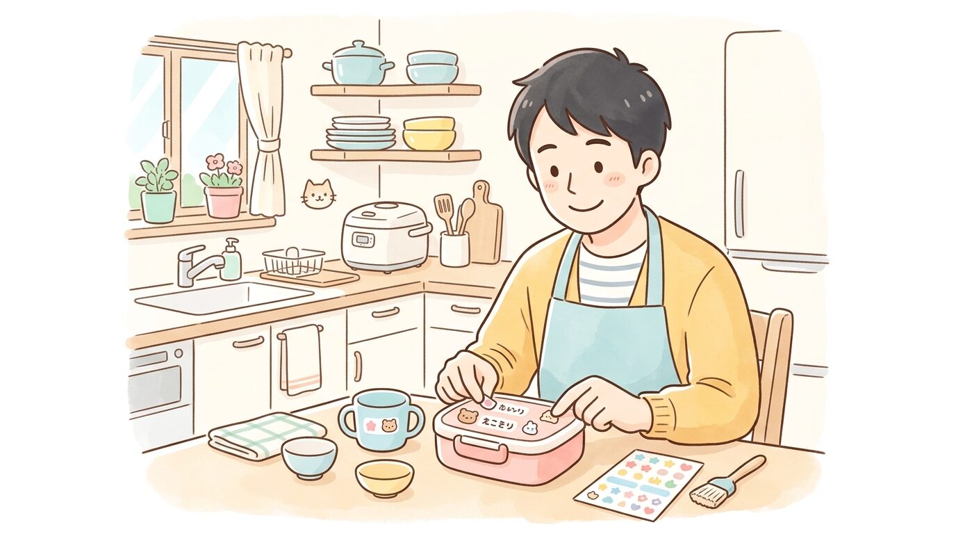 キッチンでお弁当箱やコップに防水タイプのお名前シールを貼る父親、明るく清潔感のある台所の様子