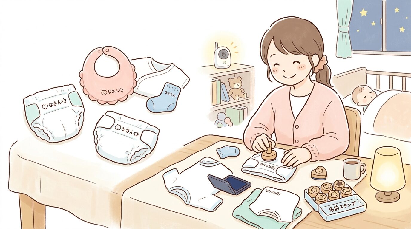 赤ちゃんのおむつやスタイに次々とお名前スタンプを押していく親の手元、忙しくも笑顔がこぼれる夜の育児シーン