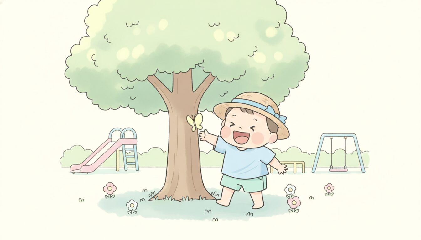 公園の木陰で麦わら帽子をかぶり笑顔で遊ぶ1歳児の様子