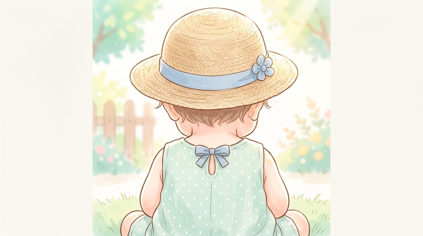 全方向につばのある麦わら帽子をかぶった赤ちゃんの後ろ姿と首元のアップ