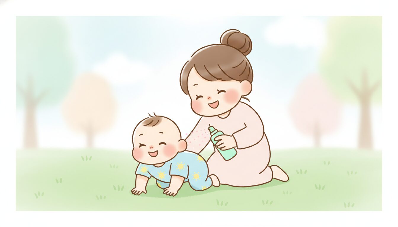 公園の芝生の上で虫よけスプレーをされながら笑顔で遊ぶ1歳児と見守る母親