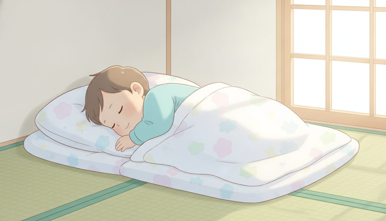 昼下がりの明るい和室で、やわらかい布団の上ですやすやと昼寝をする1歳児の横顔