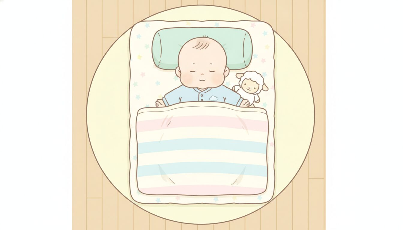 あおむけで眠る赤ちゃんのそばに、余計な物を置かないすっきりとした寝具まわりを見せる俯瞰ショット