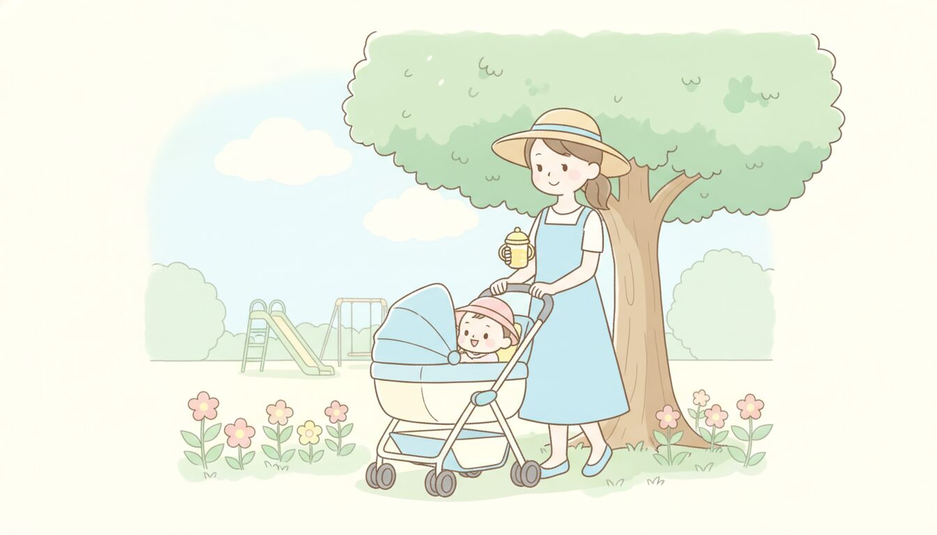 木陰でベビーカーを押しながら赤ちゃんに麦茶を飲ませる母親、夏の公園の風景