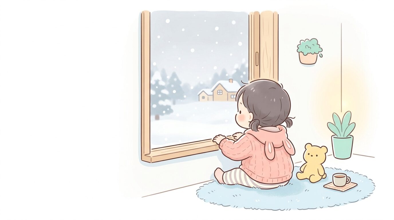 雪がちらつく窓の外を興味深そうに見つめる1歳児の後ろ姿