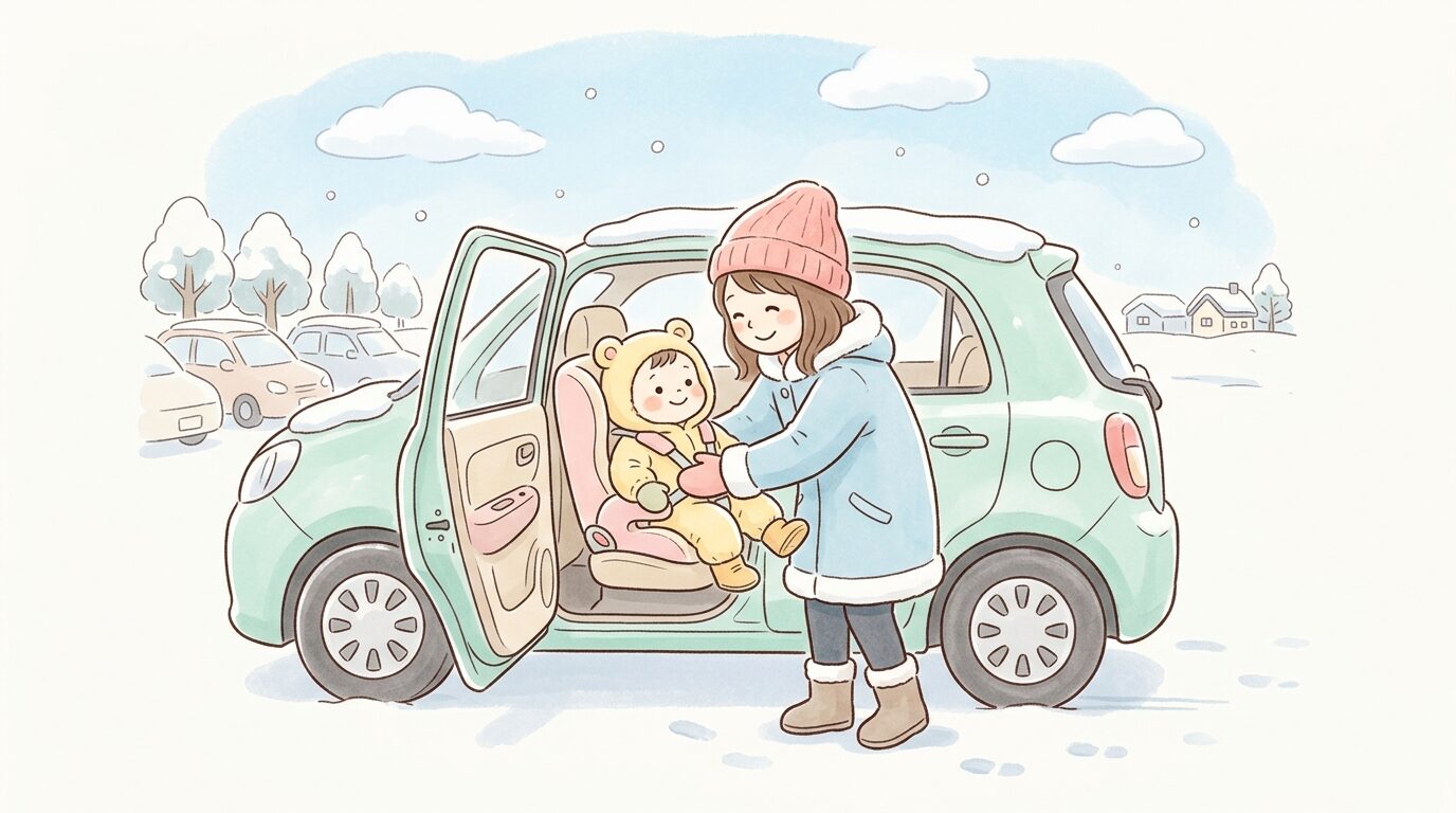 雪の積もった駐車場で親が子どもを抱っこして車に乗せようとしている様子