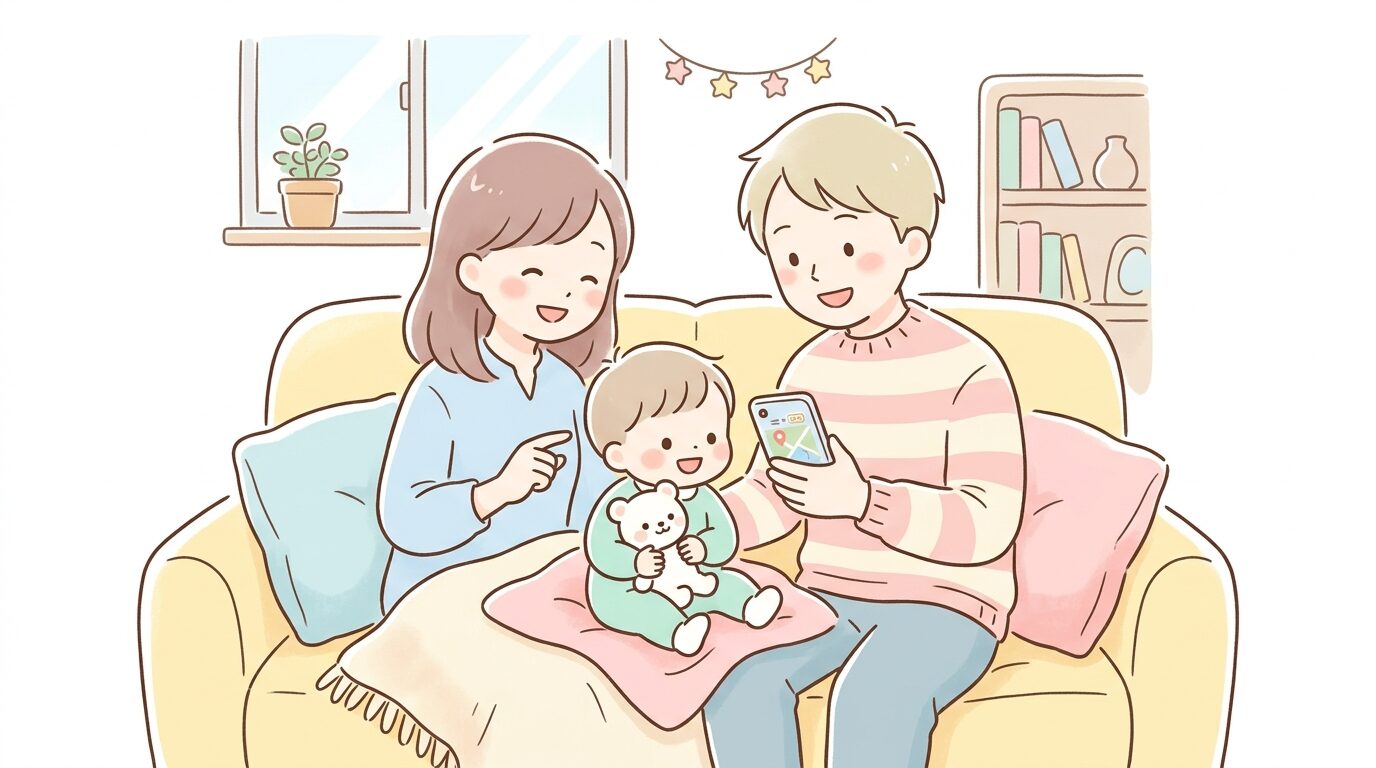 リビングでスマートフォンを見ながら家族旅行の計画を立てる若い夫婦と幼児