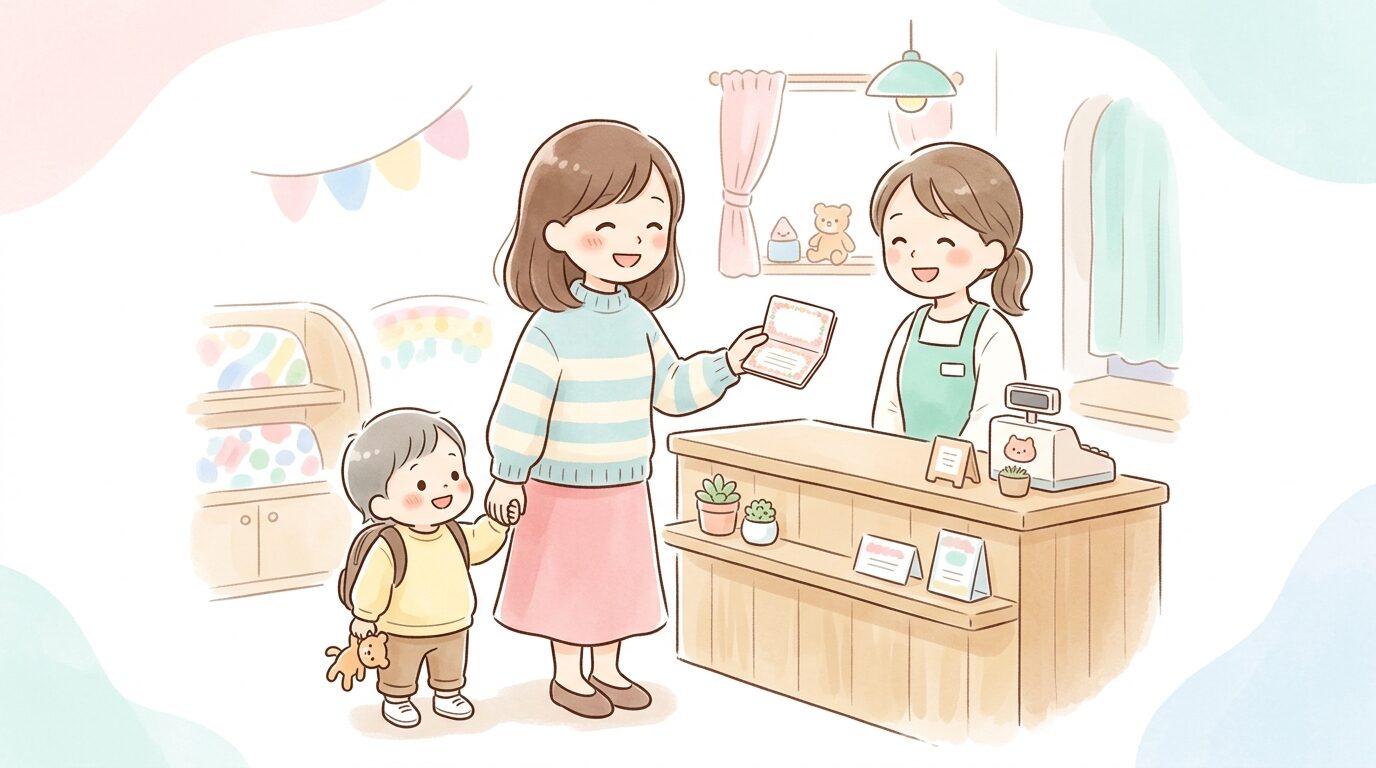 子育て支援パスポートを店員に提示する母親と隣にいる小さな子ども