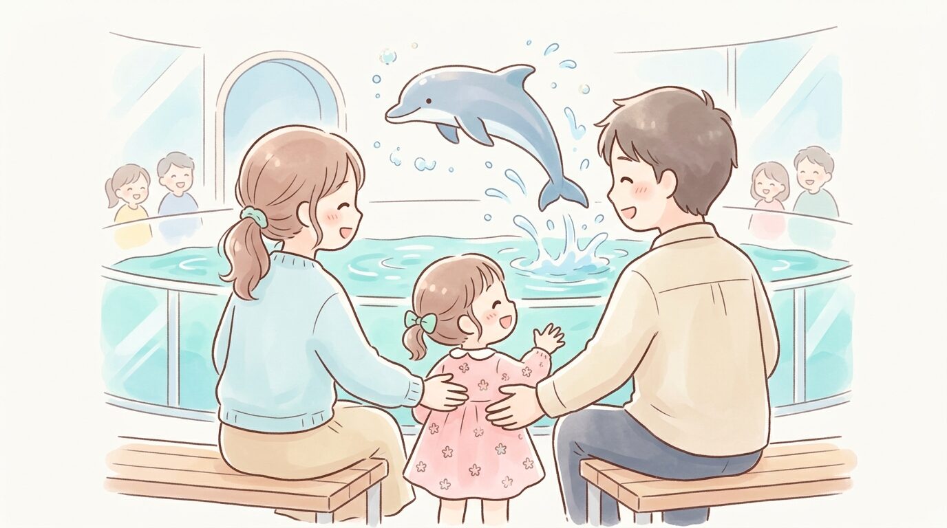 水族館でイルカショーを見て笑顔になる小さな子どもと両親の後ろ姿