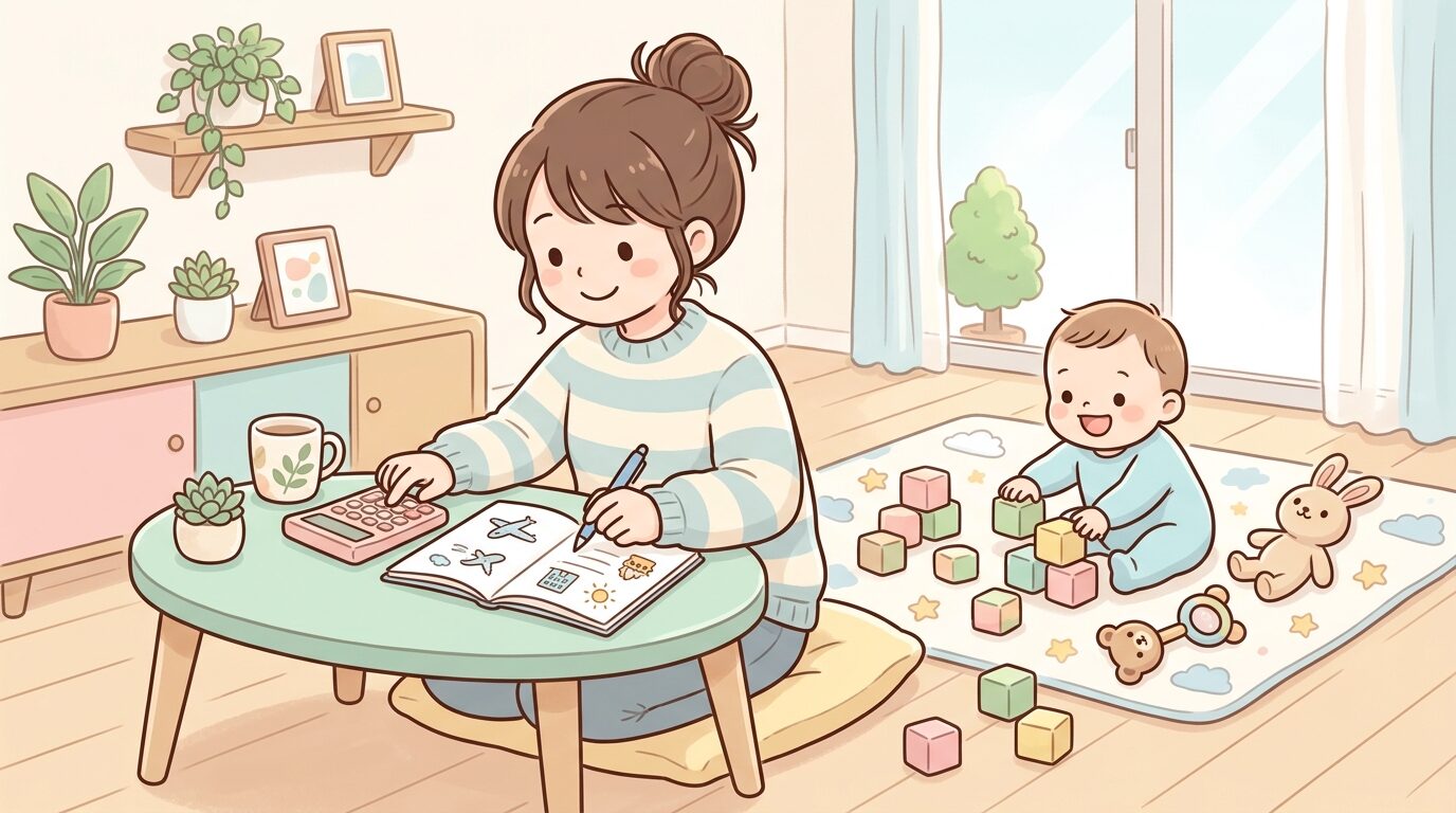 リビングでノートと電卓を使いながら旅行の予算表を作成する20代後半の母親、隣で赤ちゃんが遊んでいる温かい雰囲気