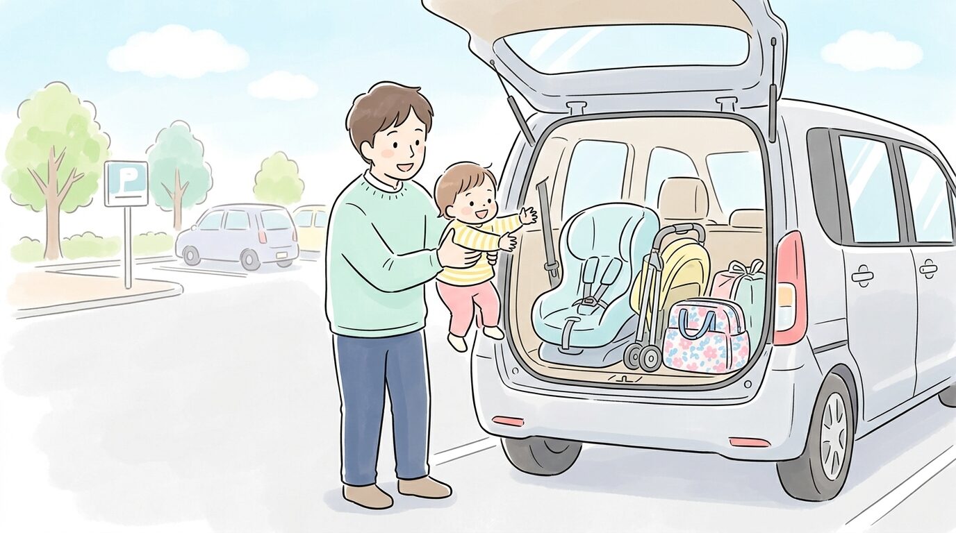 高速道路のサービスエリアで幼児をチャイルドシートから抱き上げる父親、車の後部座席にベビーカーやおむつバッグが積まれている様子