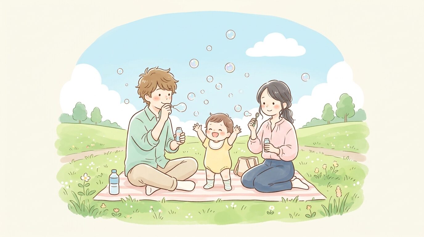 芝生の広い公園で1歳くらいの子どもと一緒にシャボン玉を吹いて遊ぶ両親、青空の下でのんびりとした休日の光景
