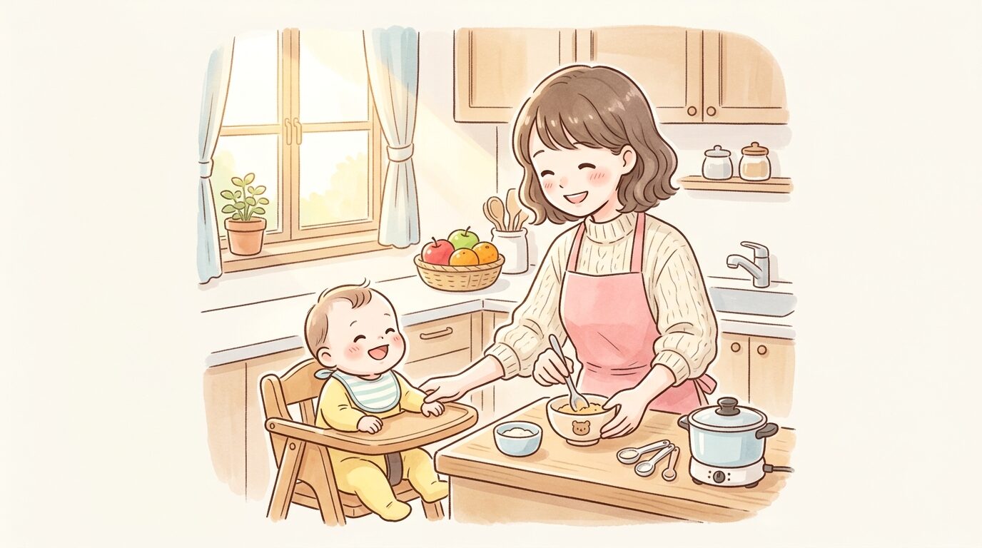 キッチンで離乳食を作りながら赤ちゃんに笑いかける20代女性、朝の柔らかい光が差し込む温かい雰囲気