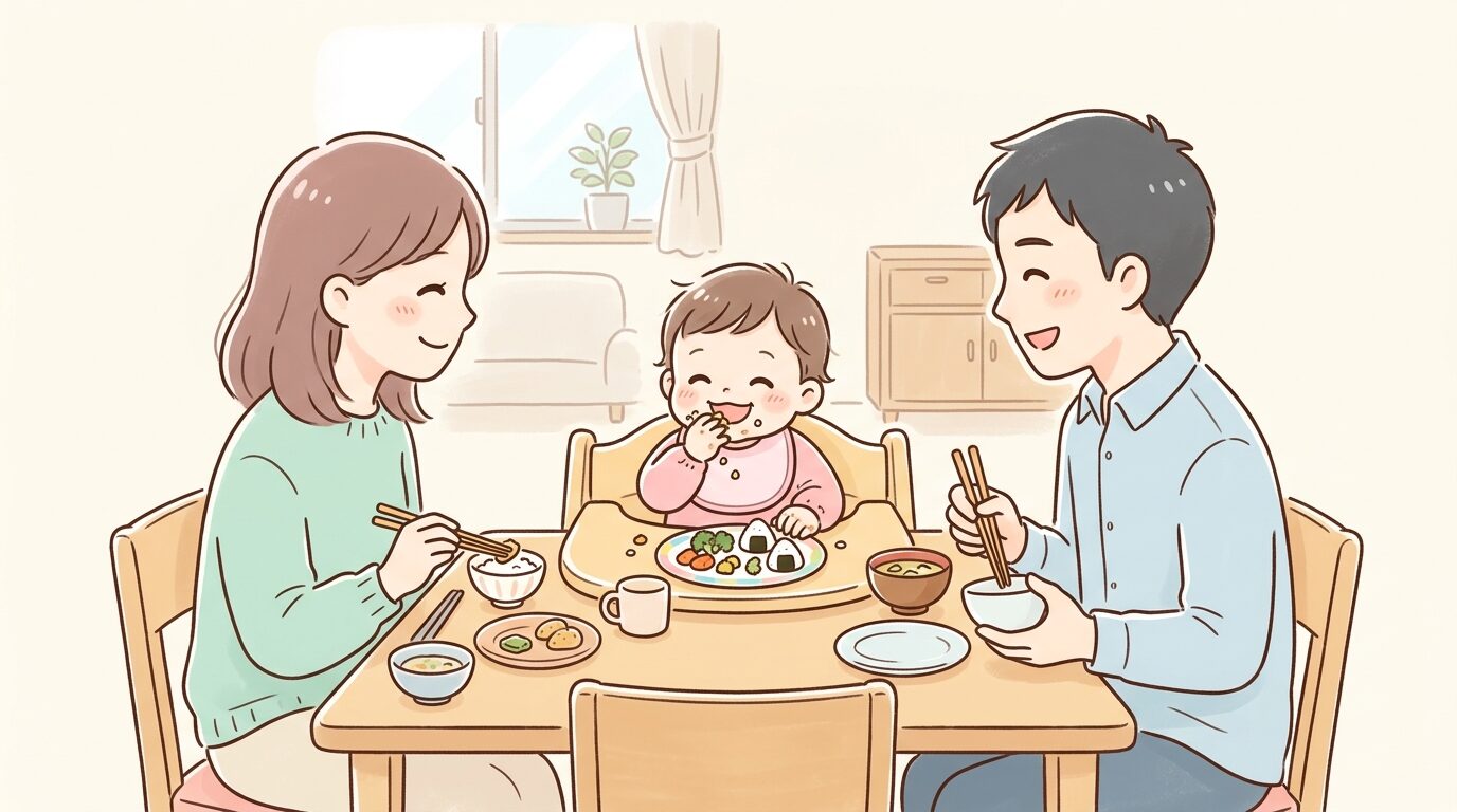 リビングのベビーチェアで手づかみ食べをする1歳児と、隣で微笑む家族の食卓風景