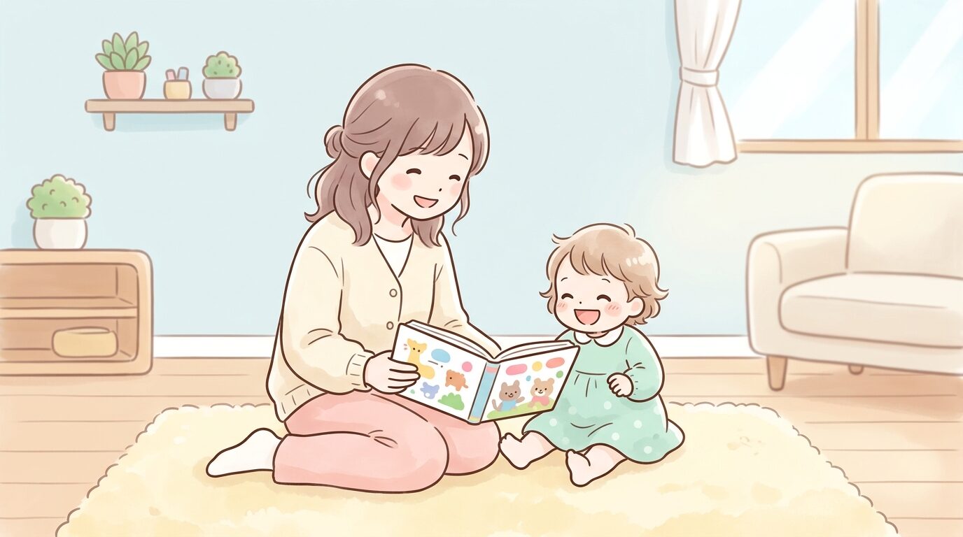 リビングで絵本を読み聞かせする母親と楽しそうに笑う1歳半の女の子