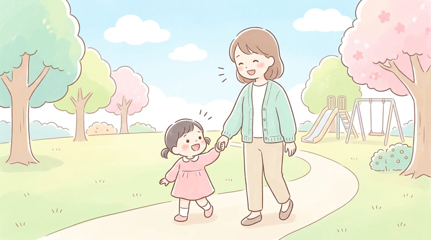 公園で親子が手をつなぎ、笑顔で会話をしている様子